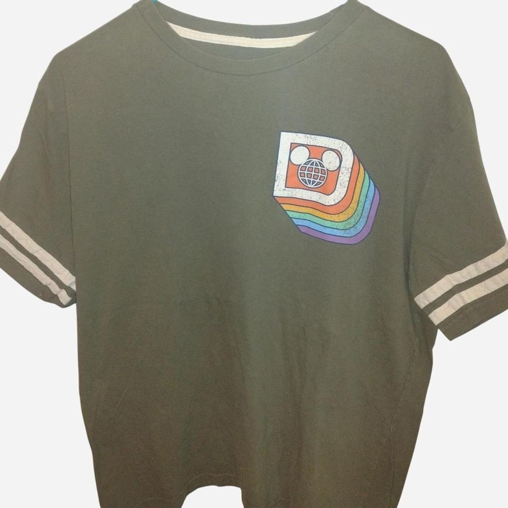 Disney Olive Green T-Shirt with Rainbow Graphic